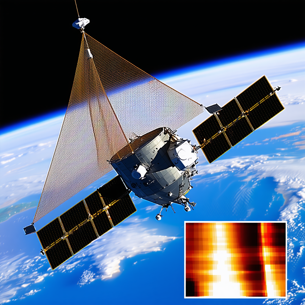 A Spacecraft Is Flying Through The Sky, With A Large Satellite Dish On The Bottom Of The Spacecraft