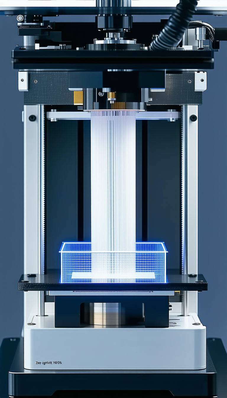 A Large Machine With A Blue Light Illuminating A Clear Plastic Box