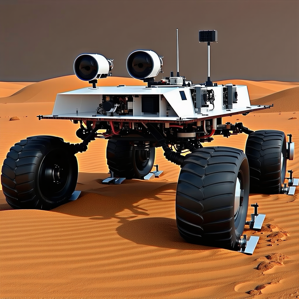 A White Robot Is Standing On A Sandy Surface, Possibly In A Desert