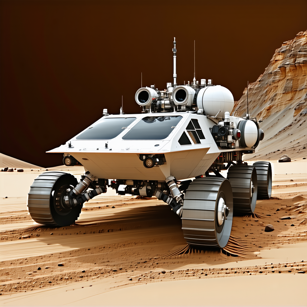 A Large White Spacecraft Is Parked On A Dirt Surface, With A Rocky Terrain In The Background
