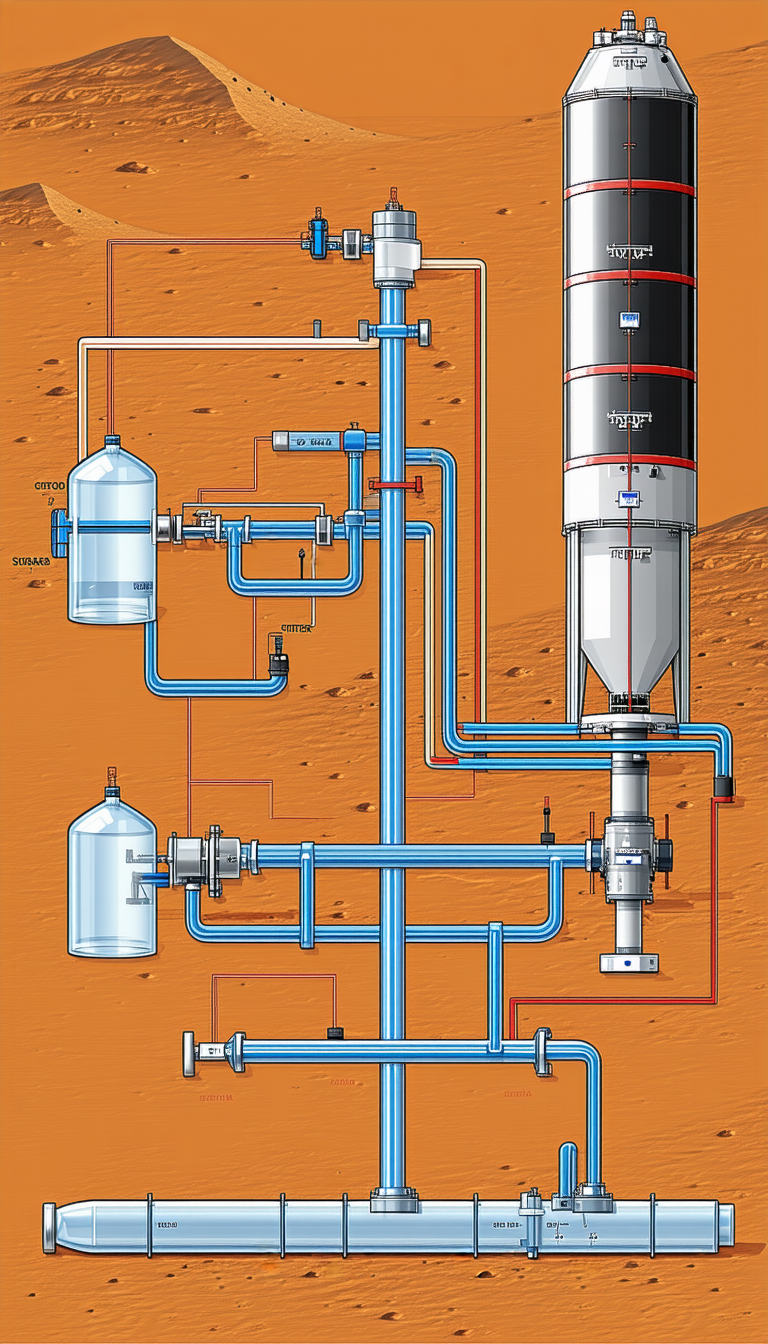 The Image Is A Detailed Drawing Of A Water Processing Plant, Likely Located On A Distant Planet