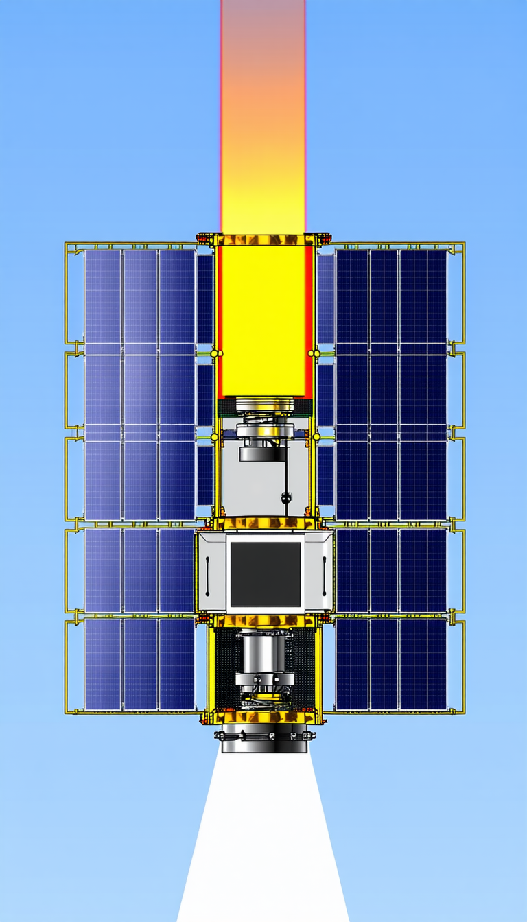 A Large Spacecraft With A Yellow And Red Color Scheme