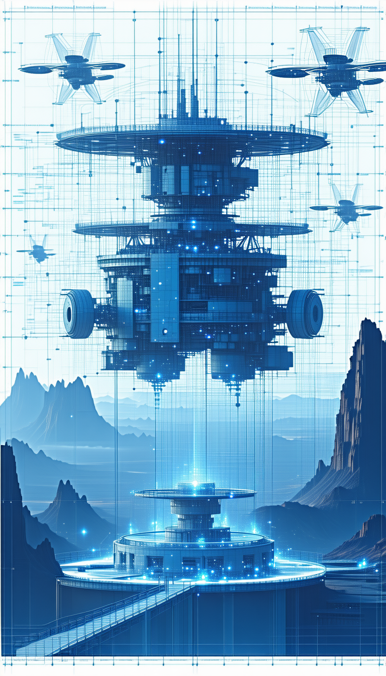 In This Futuristic Scene, A Large, Blue, And White Space Station Is Floating In The Air
