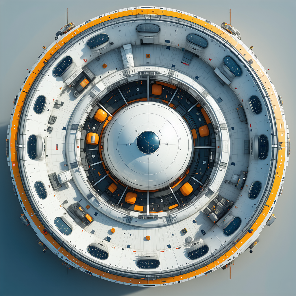 A Large, Round, White And Orange Spacecraft Is Shown In A 3d View