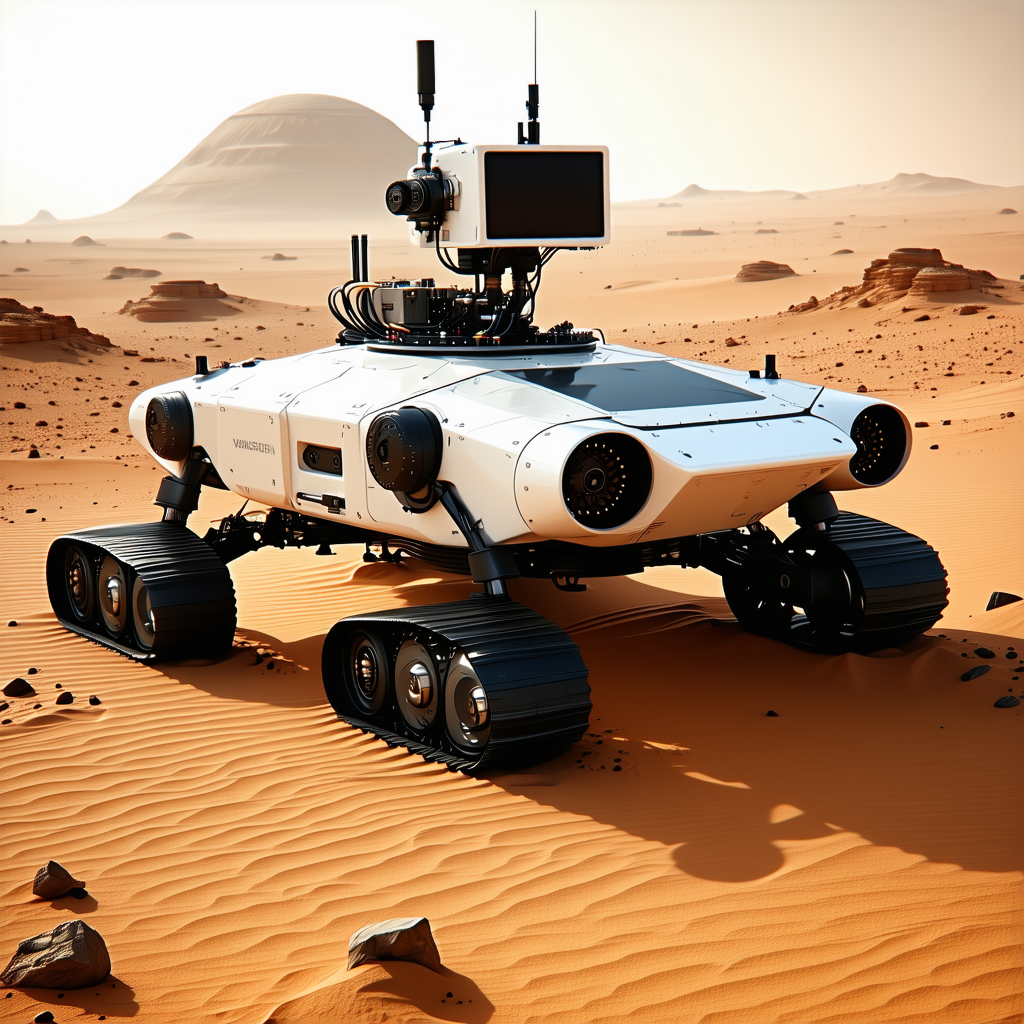 A White Robotic Vehicle With A Large Screen On Its Front