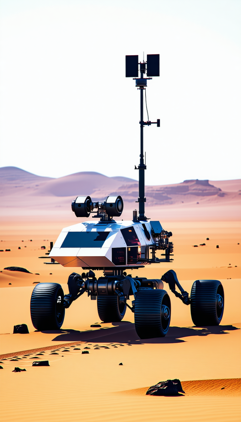 A Large Robotic Vehicle With Four Wheels, Standing In A Desert-like Environment
