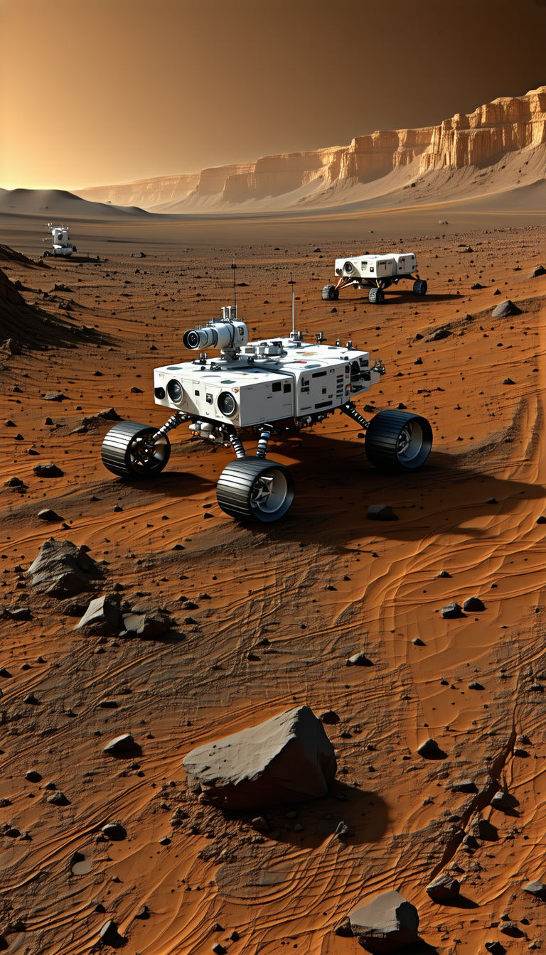 A White Robot Is Driving On A Dirt Road, With A Rocky Terrain In The Background