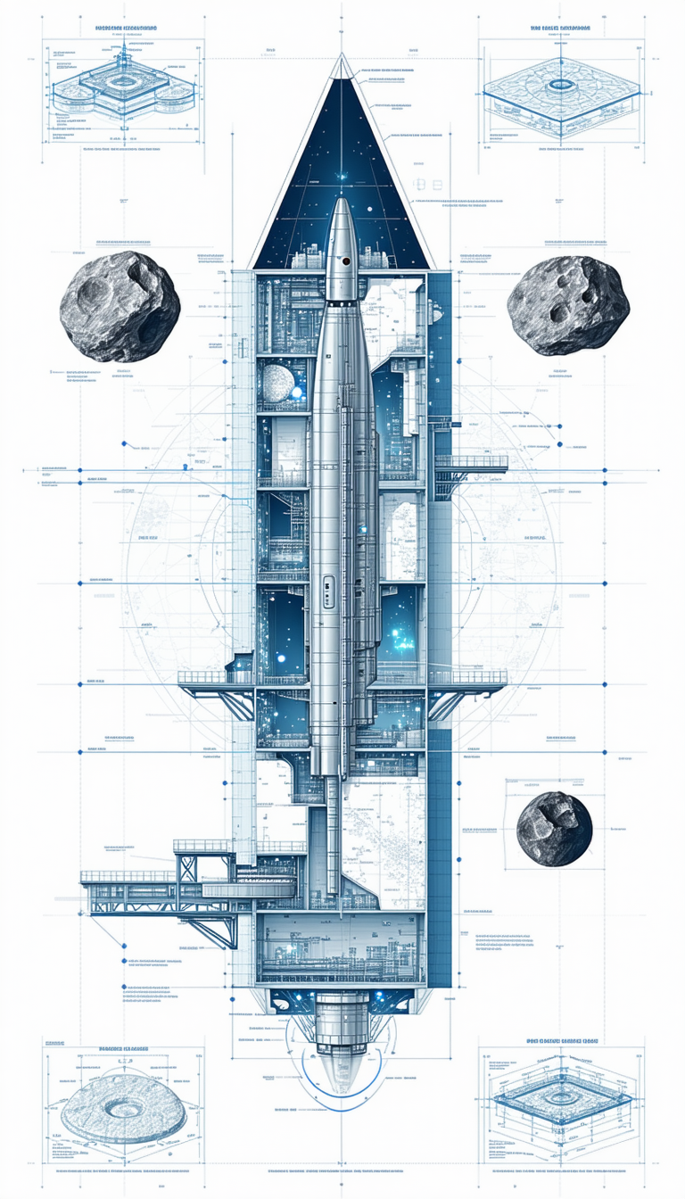 A Space Shuttle Is Shown In A Blue And White Drawing, With A Large Space Station In The Background