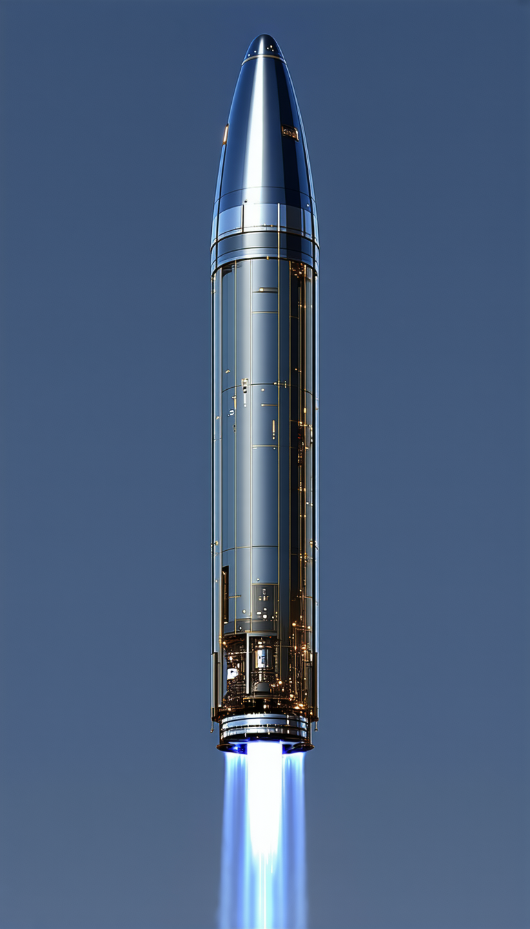 A Large, Cylindrical Spacecraft Is Shown In A Blue Sky