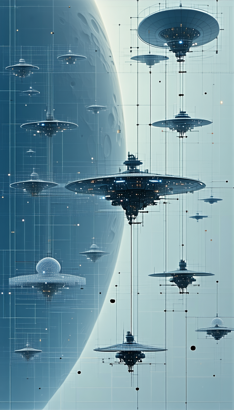 In This Image, There Are Several Spaceships Floating In The Air