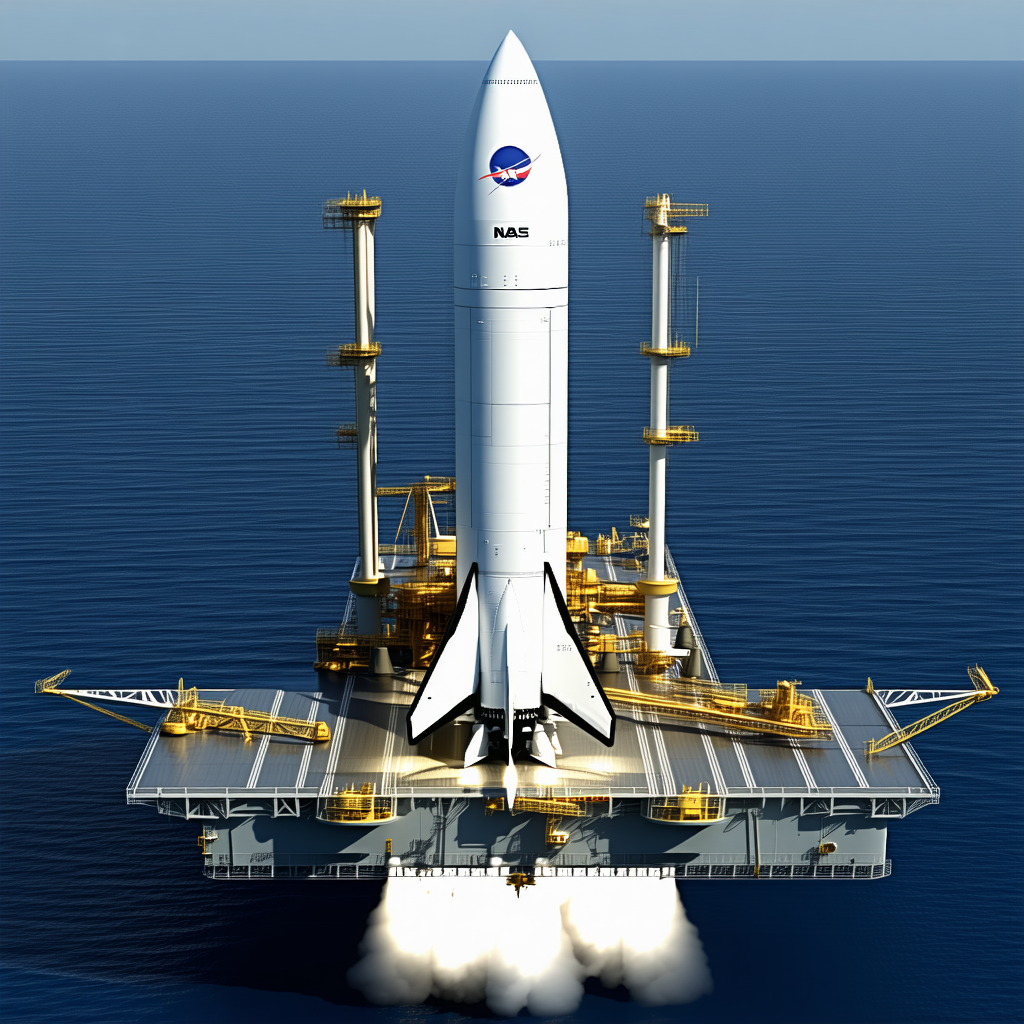 A Large Rocket Ship Floating On Top Of A Platform In The Ocean
