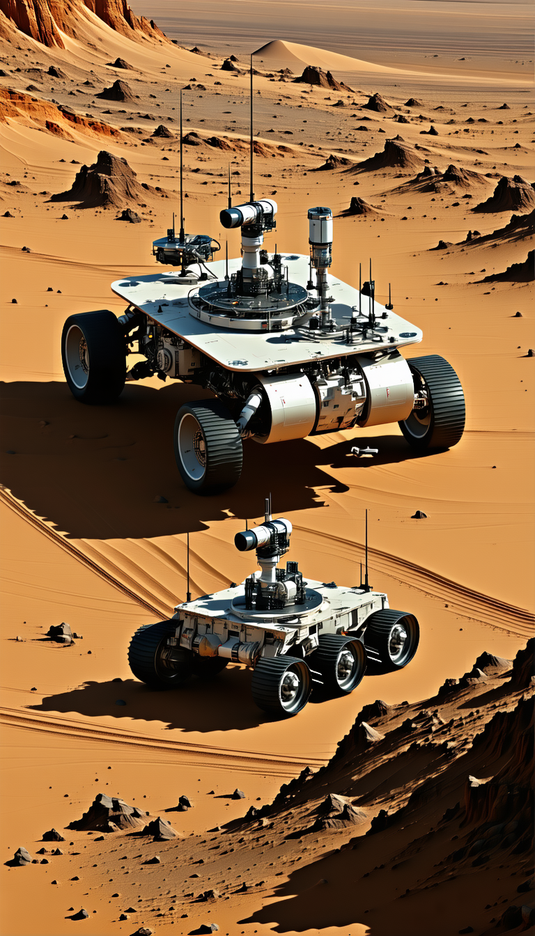 Two White Vehicles, Possibly Robots Or Rovers, Parked On A Dirt Surface