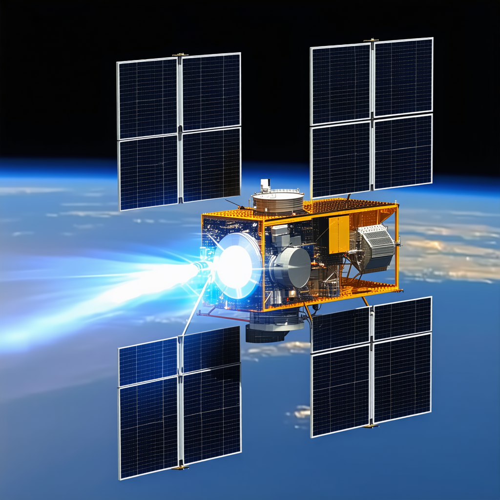 A Spacecraft Is Shown In The Image, With Its Solar Panels Open And Its Lights On