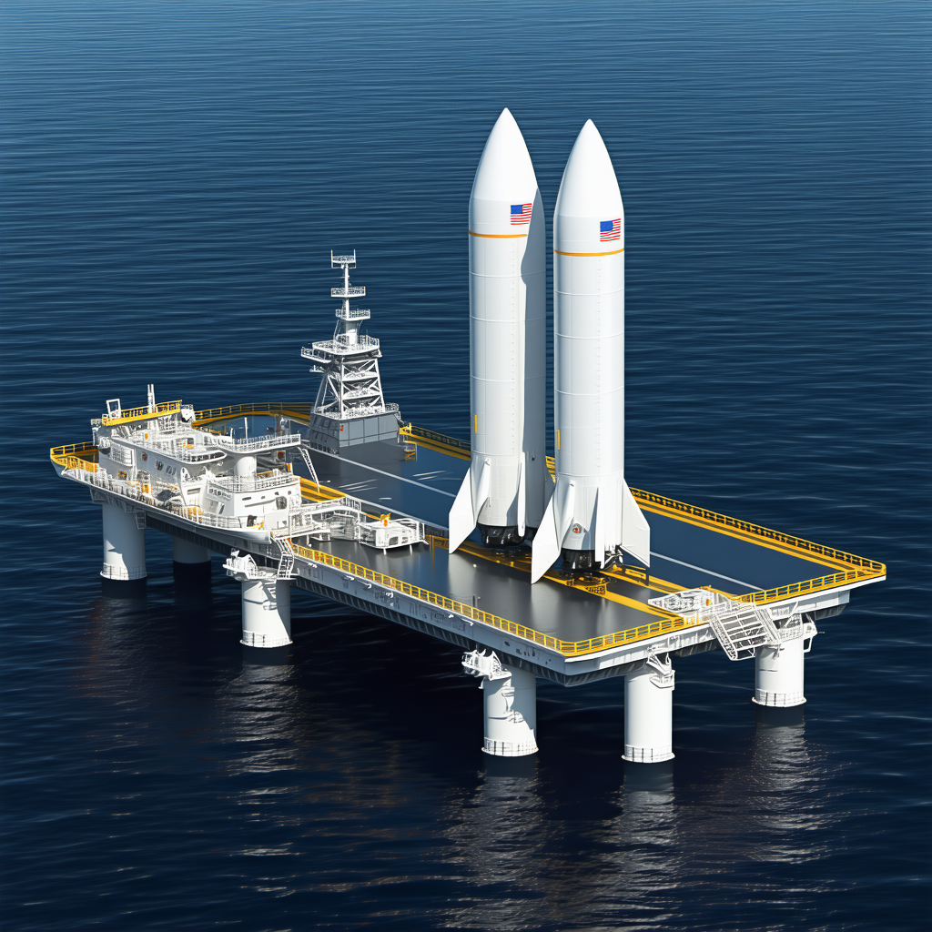 A Large White Space Shuttle Docked On A Floating Platform In The Ocean