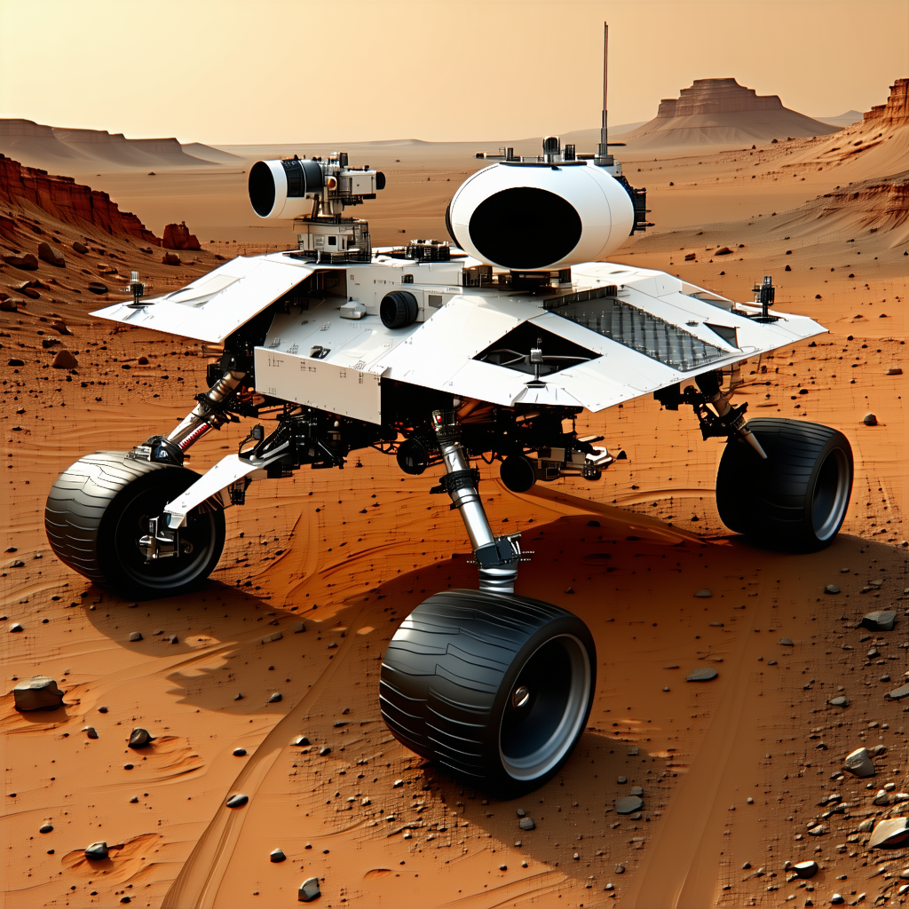 A White Robotic Vehicle With A Large Wheel In The Middle Of A Desert
