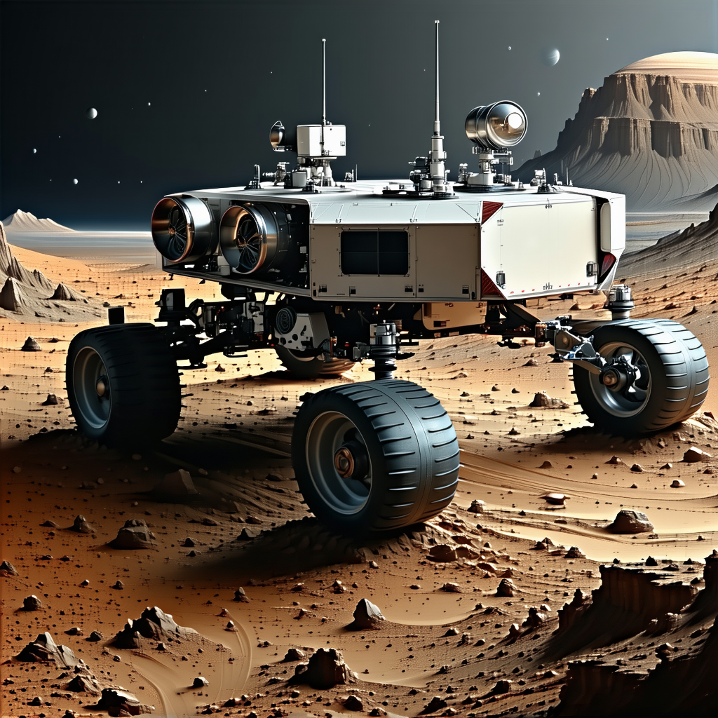A Large White Vehicle Is Parked On A Rocky Surface, Possibly A Desert Or A Rocky Planet