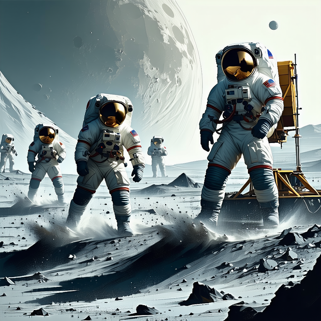 In The Image, There Are Several Astronauts Walking On The Moon's Surface