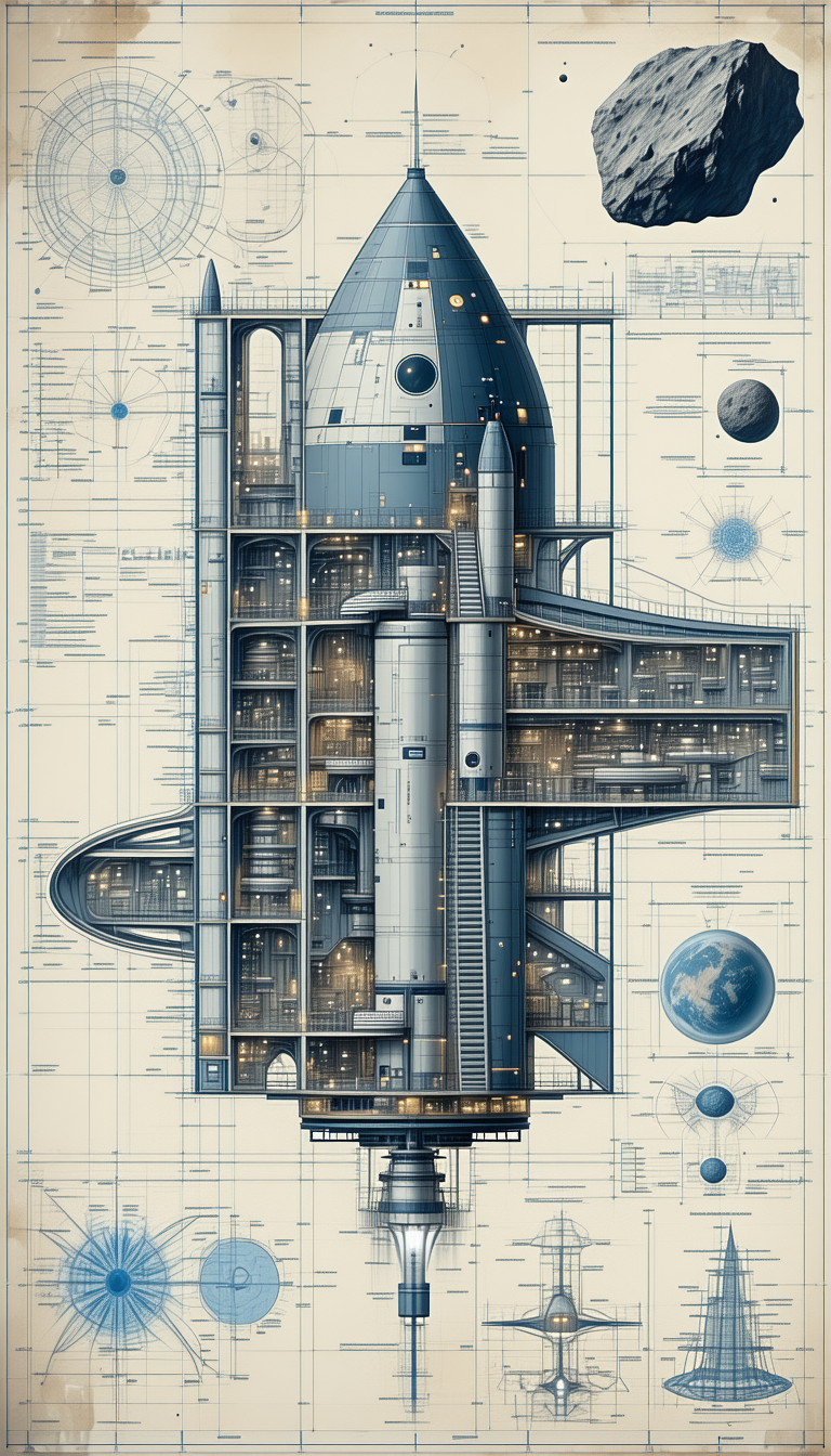 The Image Is A Blue And White Drawing Of A Space Shuttle, Showcasing Its Various Components