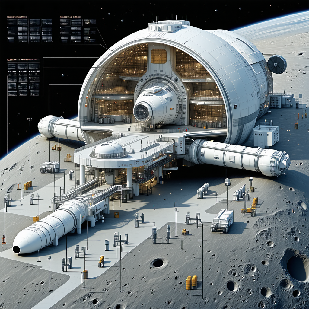 A Large White Space Station Is Shown In A Drawing, With A Large Dome On Top