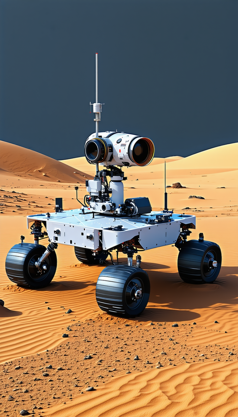 A White Robotic Vehicle With A Large Camera On Top Of It, Driving Across A Sandy Terrain