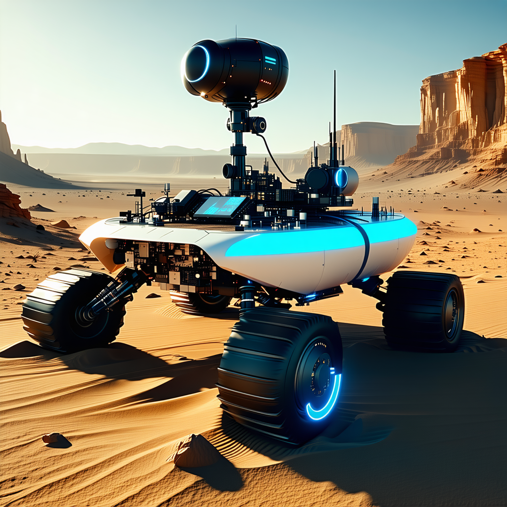 A Futuristic Vehicle With Four Large Wheels, Resembling A Tank Or A Rover