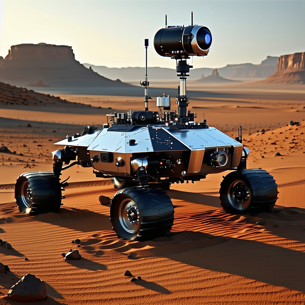 A Large Robotic Vehicle With Four Wheels, Sitting In A Desert-like Environment