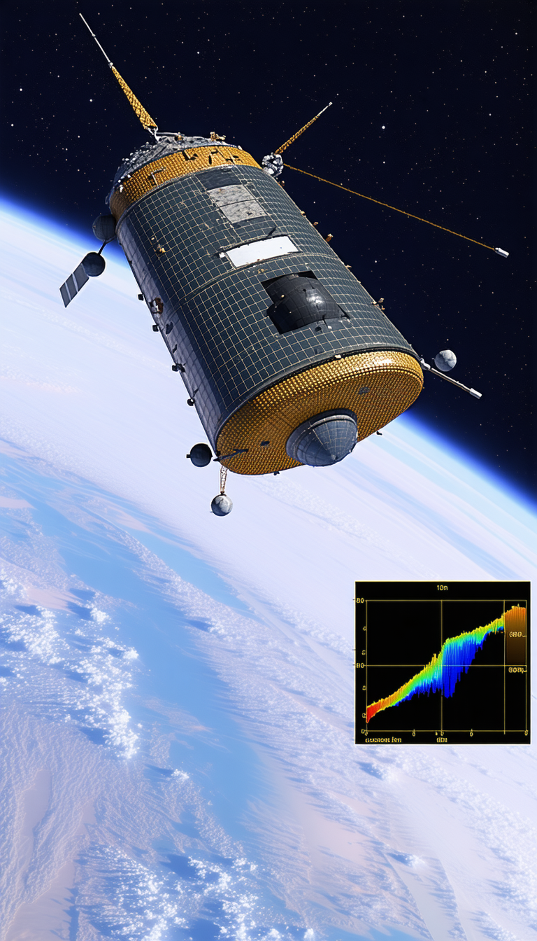 A Spacecraft Is Flying Through The Sky, With A Large Satellite Dish On The Bottom Of The Spacecraft