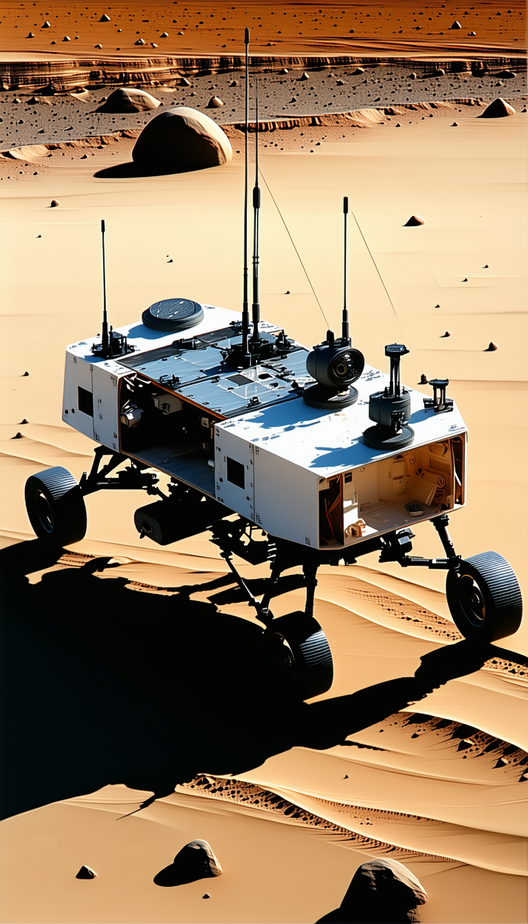A White Robotic Vehicle With A Large Antenna On Top Of It