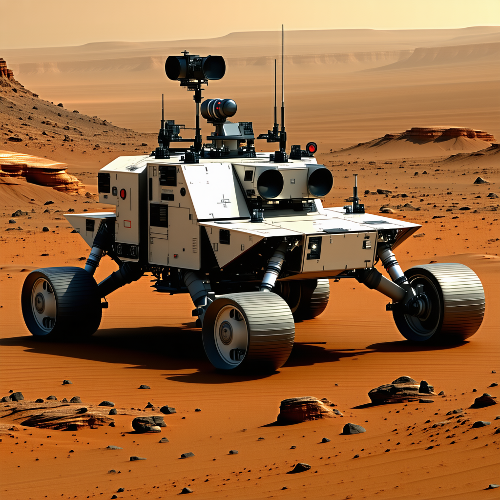 A White Robotic Vehicle, Possibly A Rover, Driving Across A Rocky Terrain