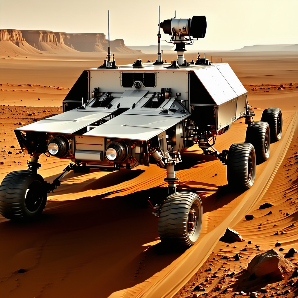 A Large, White, And Silver Vehicle Is Driving On A Dirt Road