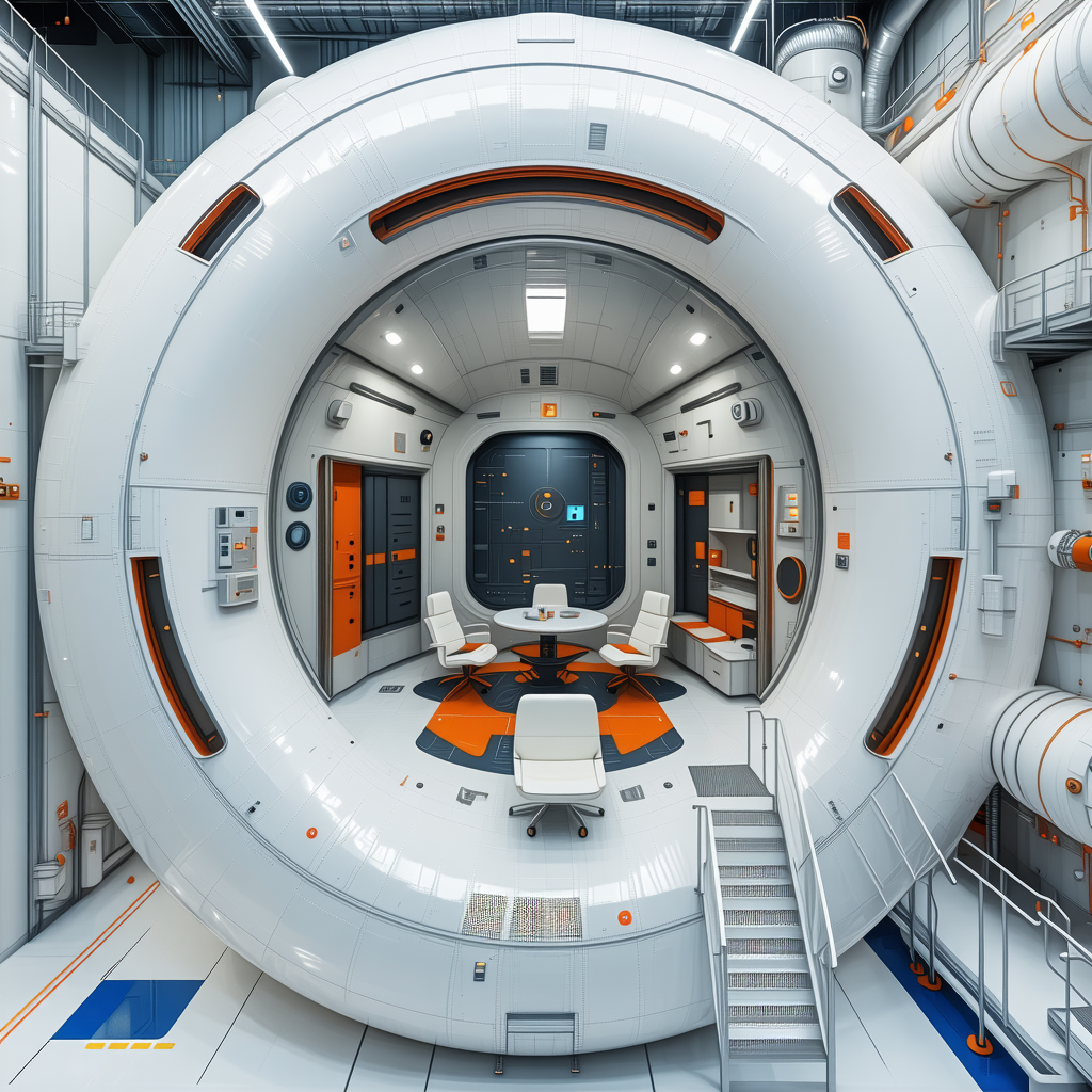 A Futuristic Room With A Large White Dome In The Center