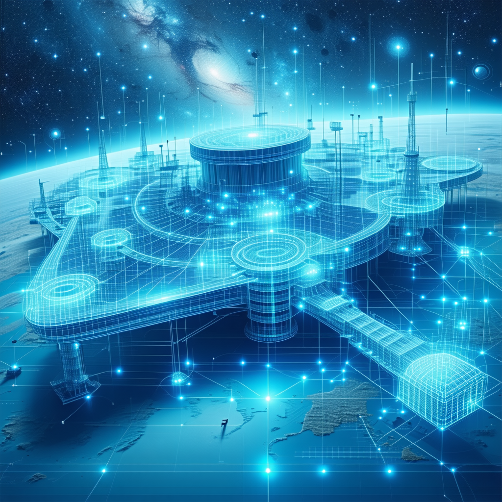 The Image Is A Futuristic Cityscape With A Large, Blue, Three-dimensional Building At Its Center