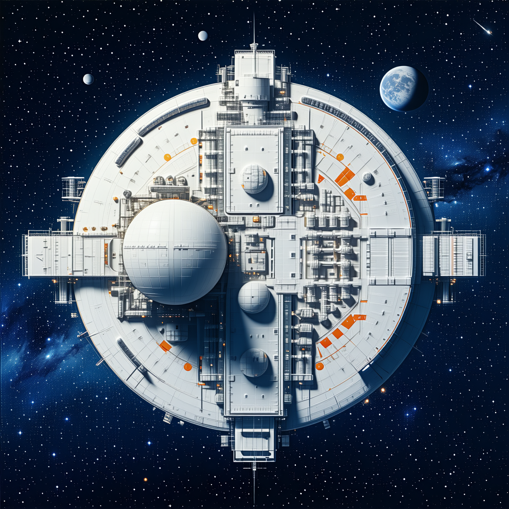 A Large White Space Station Is Shown In A Drawing, With A Large White Sphere In The Center