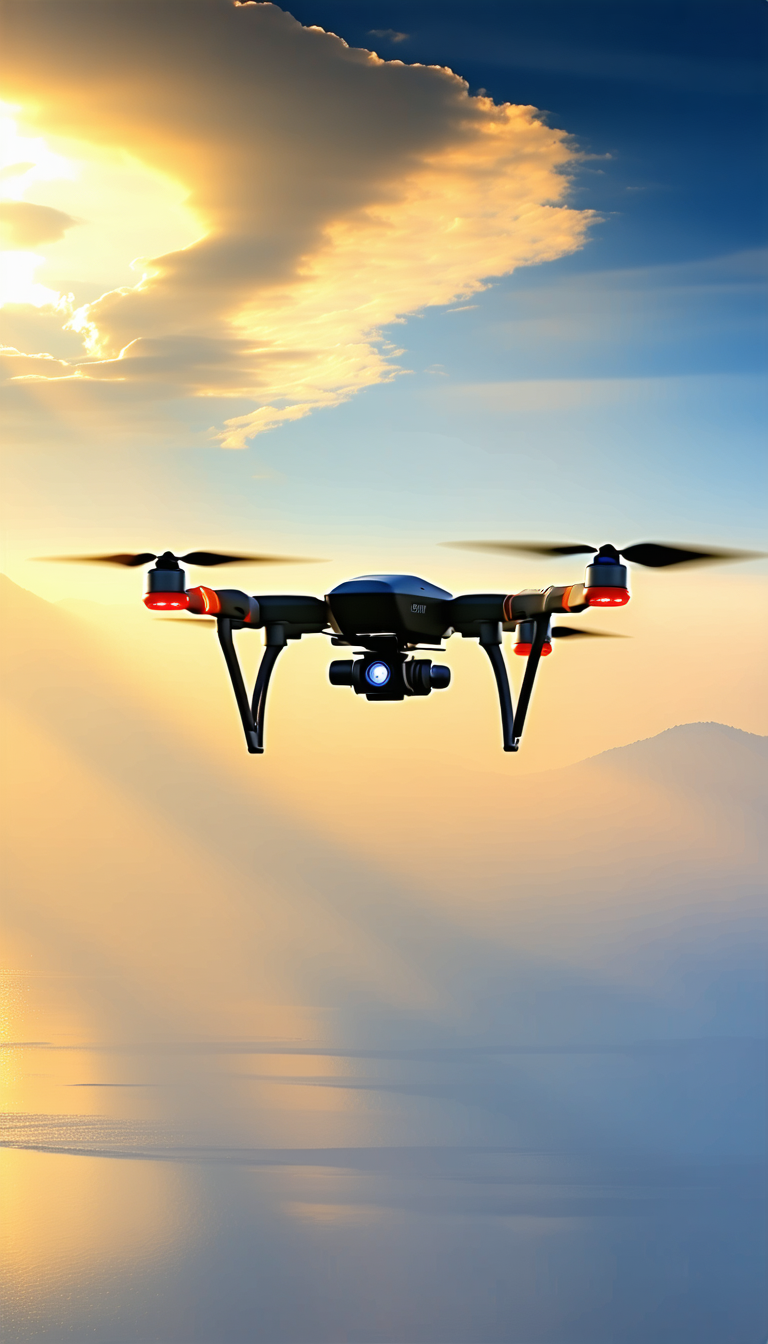 A Black And Red Drone Is Flying In The Sky, Capturing The Sunset