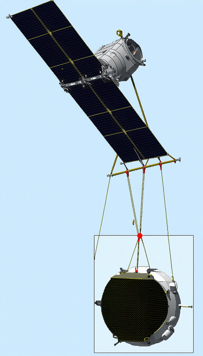 A Large, White Satellite Being Lifted Into The Air By A Crane