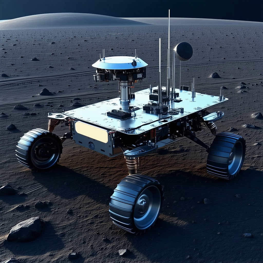 A Futuristic Vehicle, Possibly A Rover Or A Spacecraft, Parked On A Rocky Surface