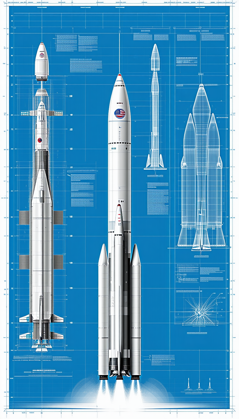 A Large Rocket Is Shown In A Blue Diagram, With A Smaller Rocket Next To It