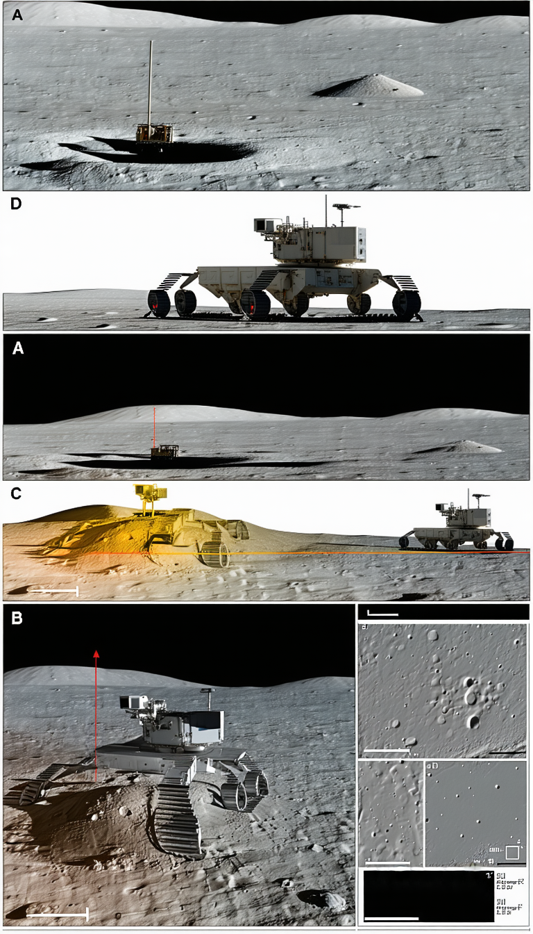 The Image Is A Series Of Three Pictures, Each Showing A Different Perspective Of A Rover On The Moon