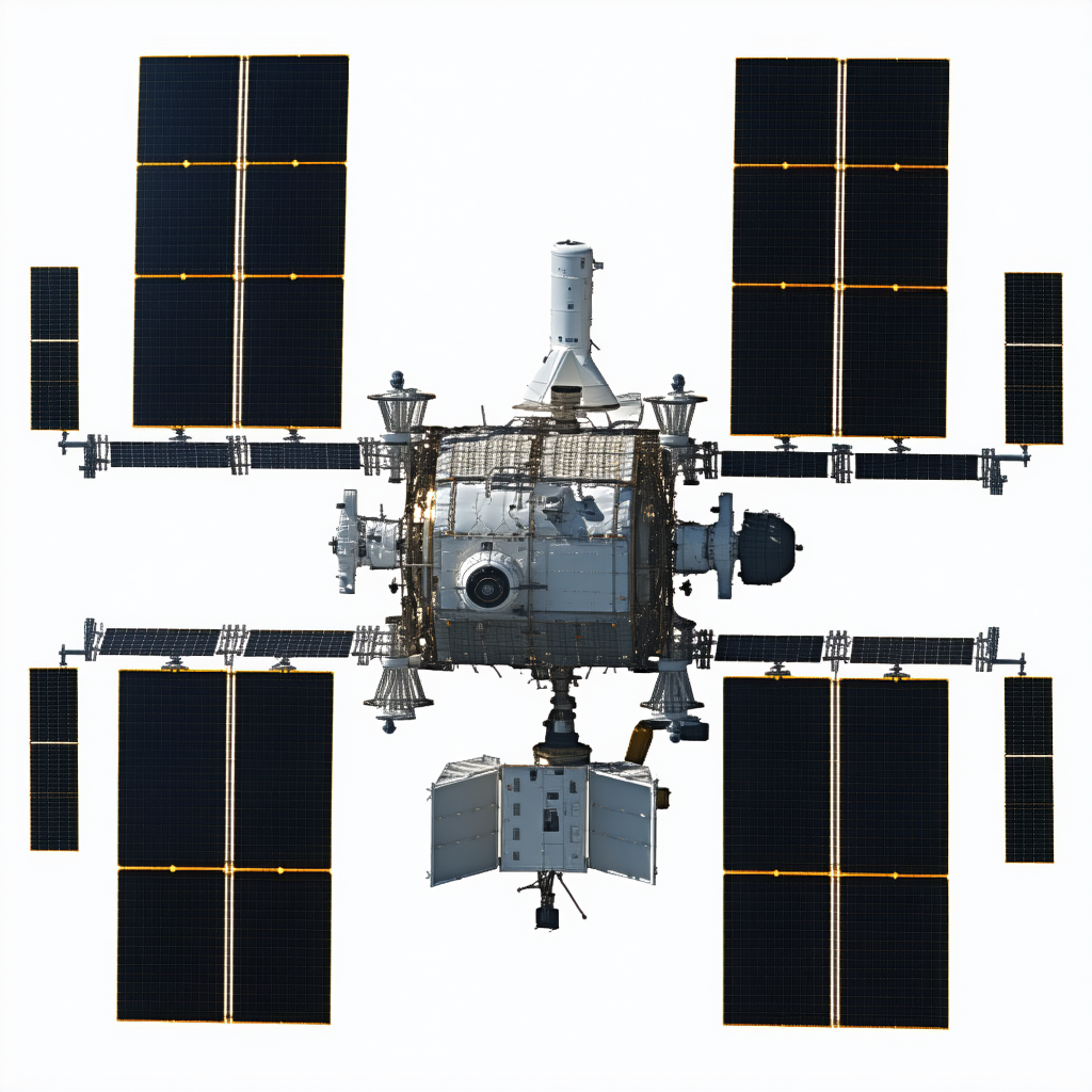 A Large Spacecraft With A White And Blue Color Scheme