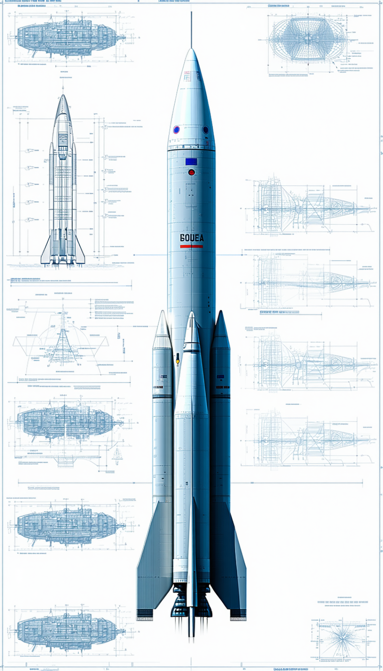 A Large Rocket Ship Is Shown In A Blue And White Drawing