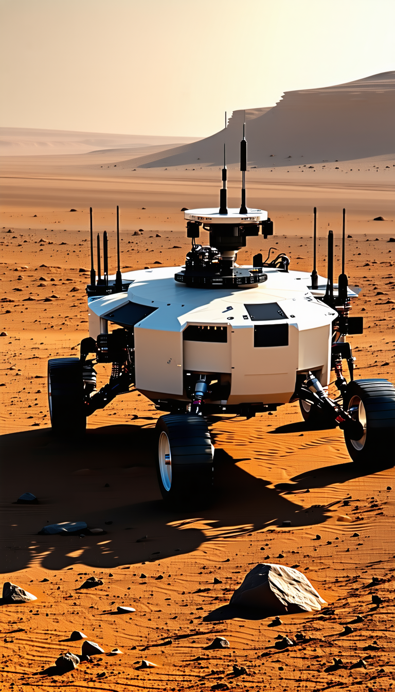 A White Robotic Vehicle With A Large Antenna On Top, Driving Across A Sandy Terrain