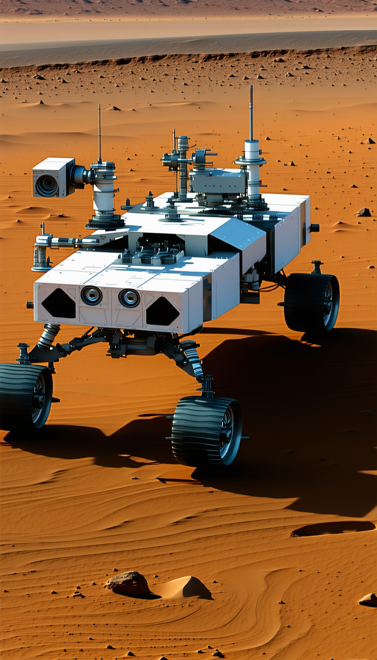 A White Robot Is Sitting On A Red Dirt Surface, Possibly On Mars