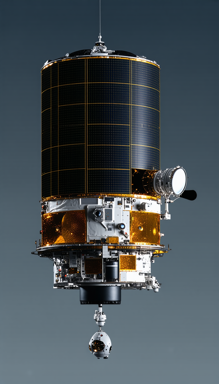 A Spacecraft Is Shown In A Close-up View, With Its Solar Panels And Other Components Clearly Visible