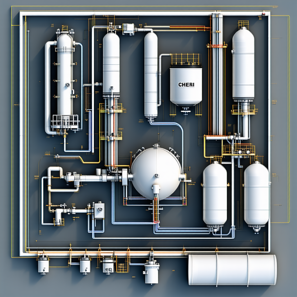 The Image Is A 3d Model Of A Chemical Plant, Featuring A Large White Tank And Several Pipes