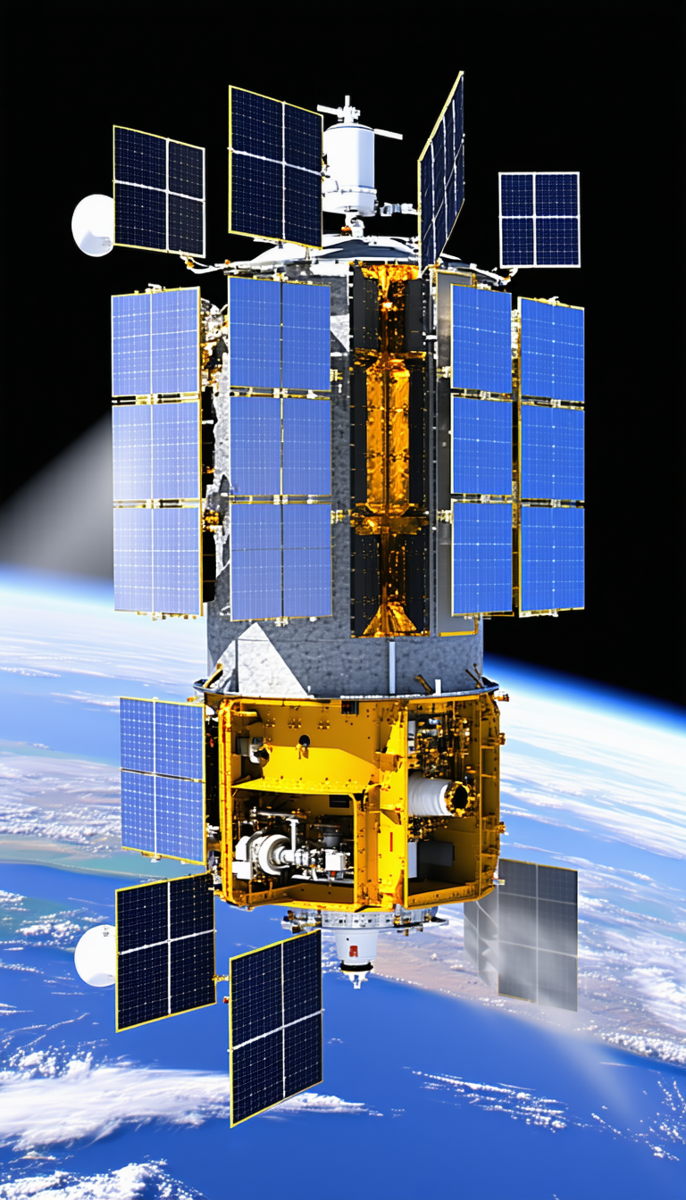 A Large Spacecraft With A Yellow And Blue Color Scheme, Floating In The Sky
