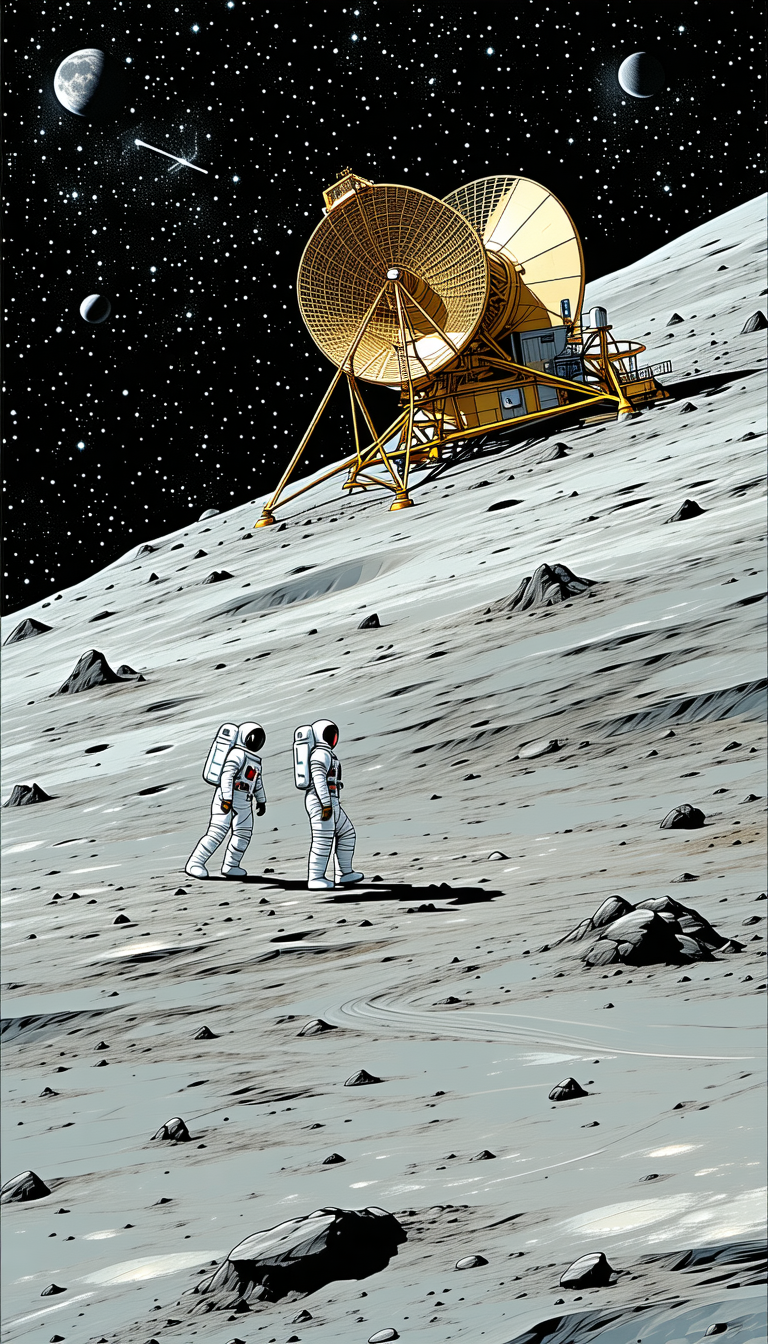 In The Image, There Are Two Astronauts Standing On The Moon, Wearing White Suits