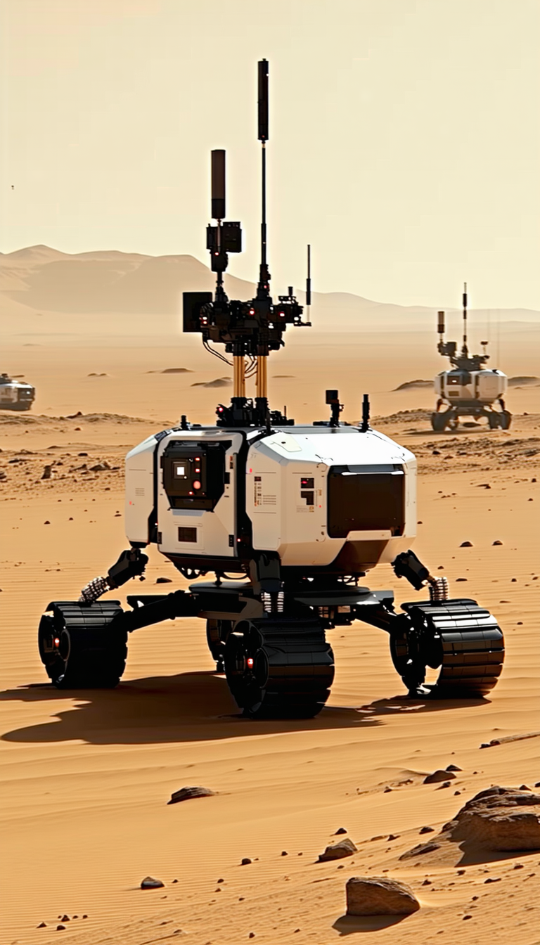 A White Robotic Vehicle With A Large Camera On Its Front, Driving Across A Sandy Terrain