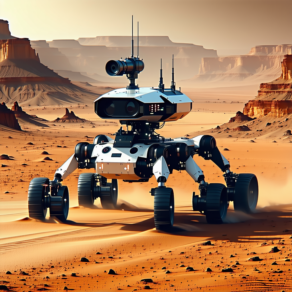 A White Robot Is Standing In A Desert Landscape