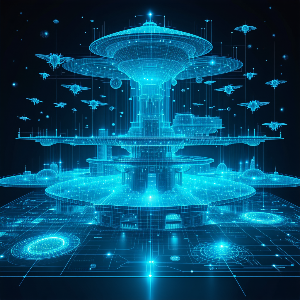 In This Futuristic Scene, A Massive Space Station Is Surrounded By Numerous Small Spaceships