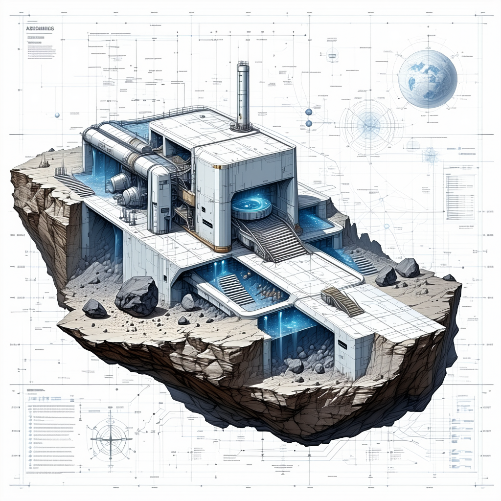 The Image Is A Detailed Drawing Of A Futuristic Building, Possibly A Space Station Or A Moon Base